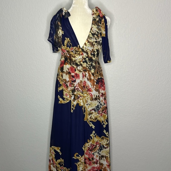 Double Zero Blue and Gold Plunge Neck Sundress Small - Picture 6 of 10